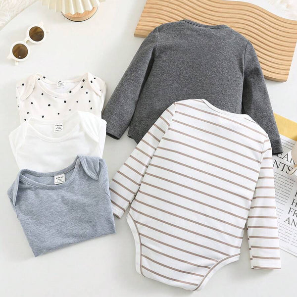 5 pièces/set Body bébé nouveau-né garçon/fille manches longues à l'épaule, en tricot doux avec motifs à pois et rayures, multicolore, toutes saisons