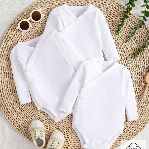 Nouveau-né bébé garçon/fille 4 pièces/Set Barboteuse à manches longues blanche à couleur unie avec fermeture à pression croisée, confortable et stylée