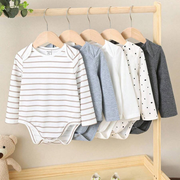 5 pièces/set Body bébé nouveau-né garçon/fille manches longues à l'épaule, en tricot doux avec motifs à pois et rayures, multicolore, toutes saisons