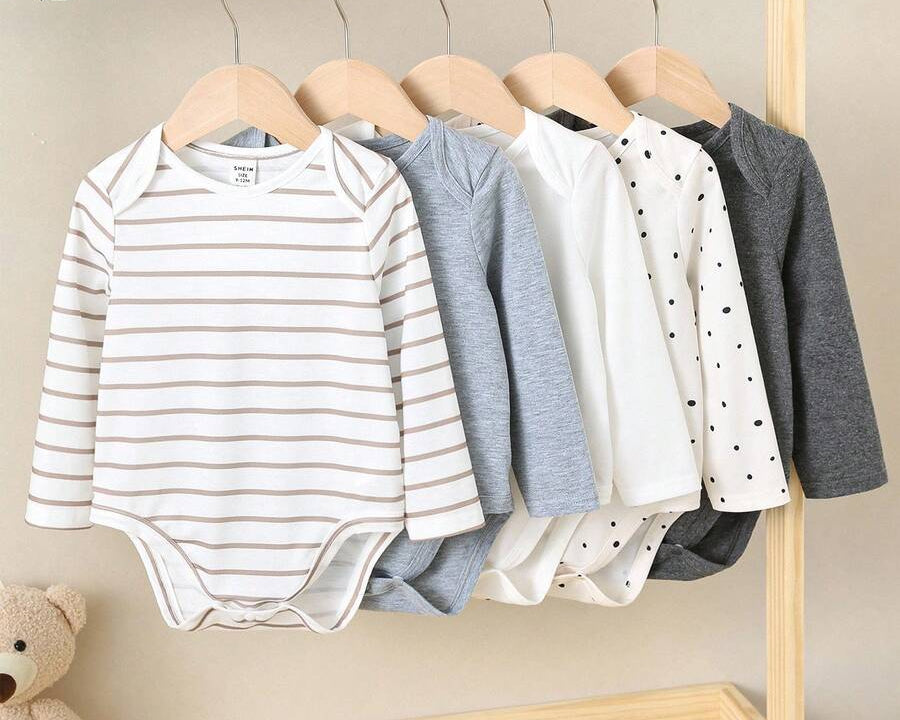 5 pièces/set Body bébé nouveau-né garçon/fille manches longues à l'épaule, en tricot doux avec motifs à pois et rayures, multicolore, toutes saisons